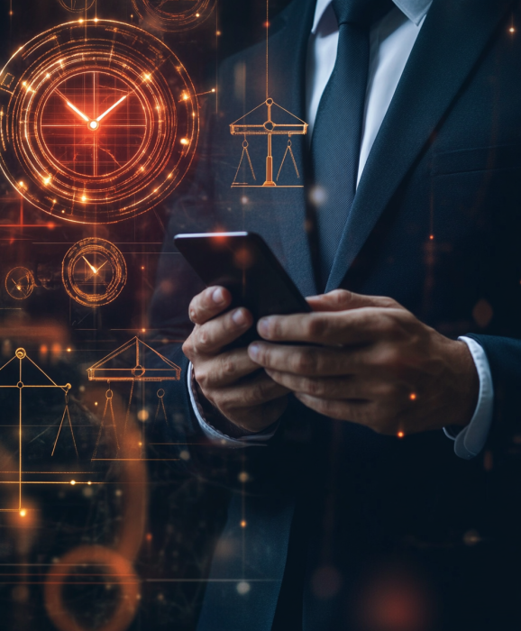 Businessman in suit using smartphone with digital justice icons, representing RayLaw’s modern and tech-driven legal solutions.