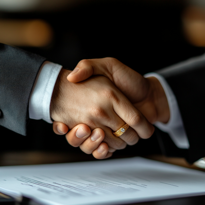 Close-up of business partners shaking hands over legal documents, representing dispute resolution and litigation.