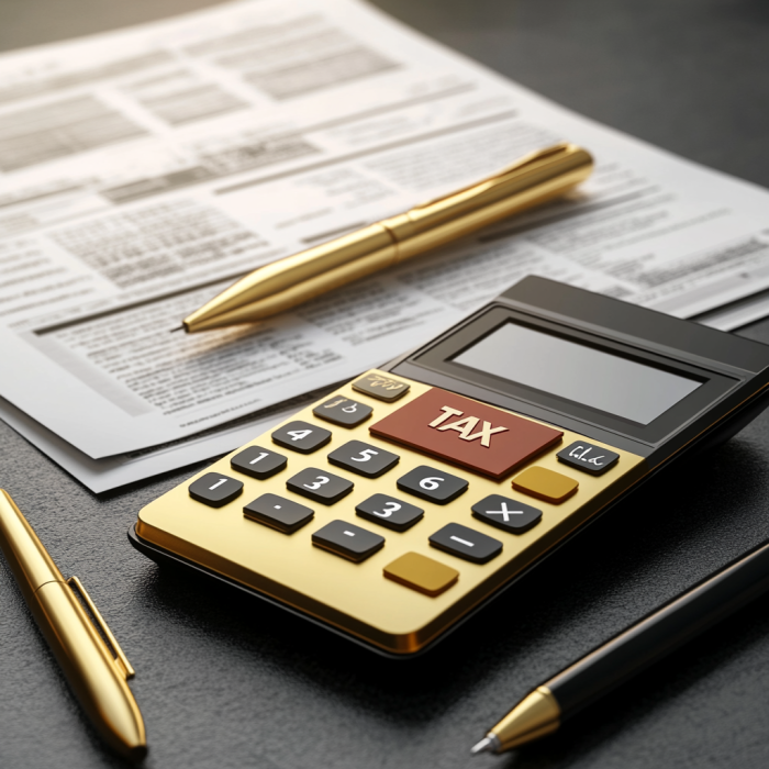 Calculator labeled “TAX” with financial documents and pen, representing taxation and compliance services in Thailand.