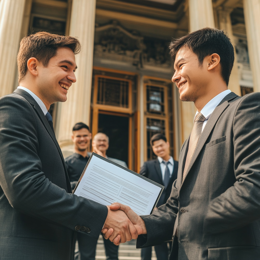 Two professional lawyers shaking hands outside courthouse in Bangkok, symbolizing trust, partnership, and success at RayLaw Thailand.