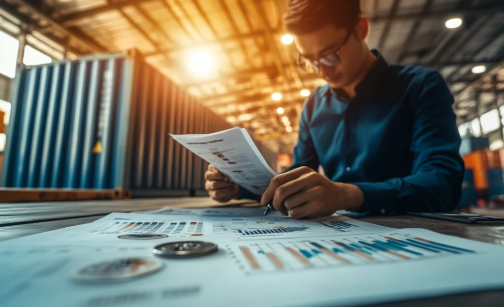 Corporate lawyer reviewing financial reports for a logistics and trading company in Thailand.