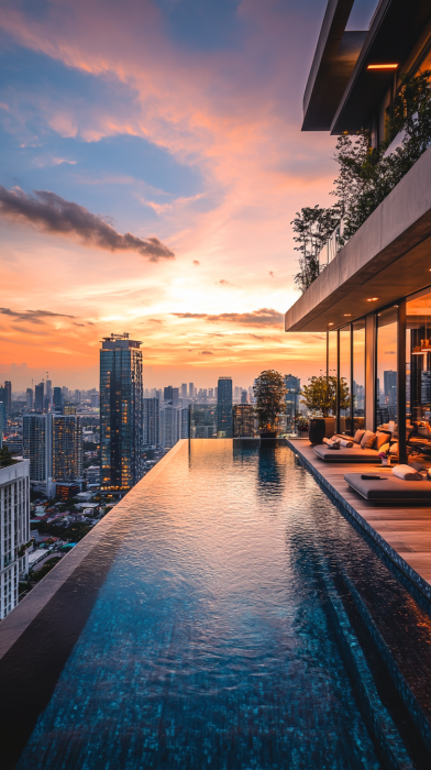 Luxury condominium in Bangkok with rooftop pool and city skyline view