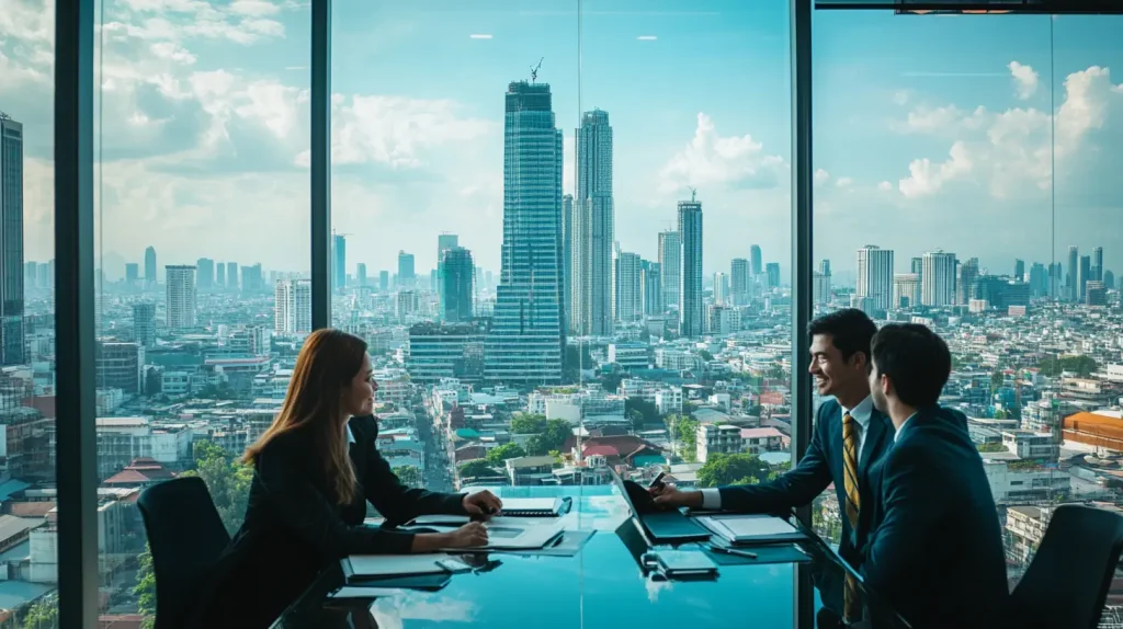 Legal team discussing dispute resolution strategy in a modern Bangkok office — RayLaw Thailand